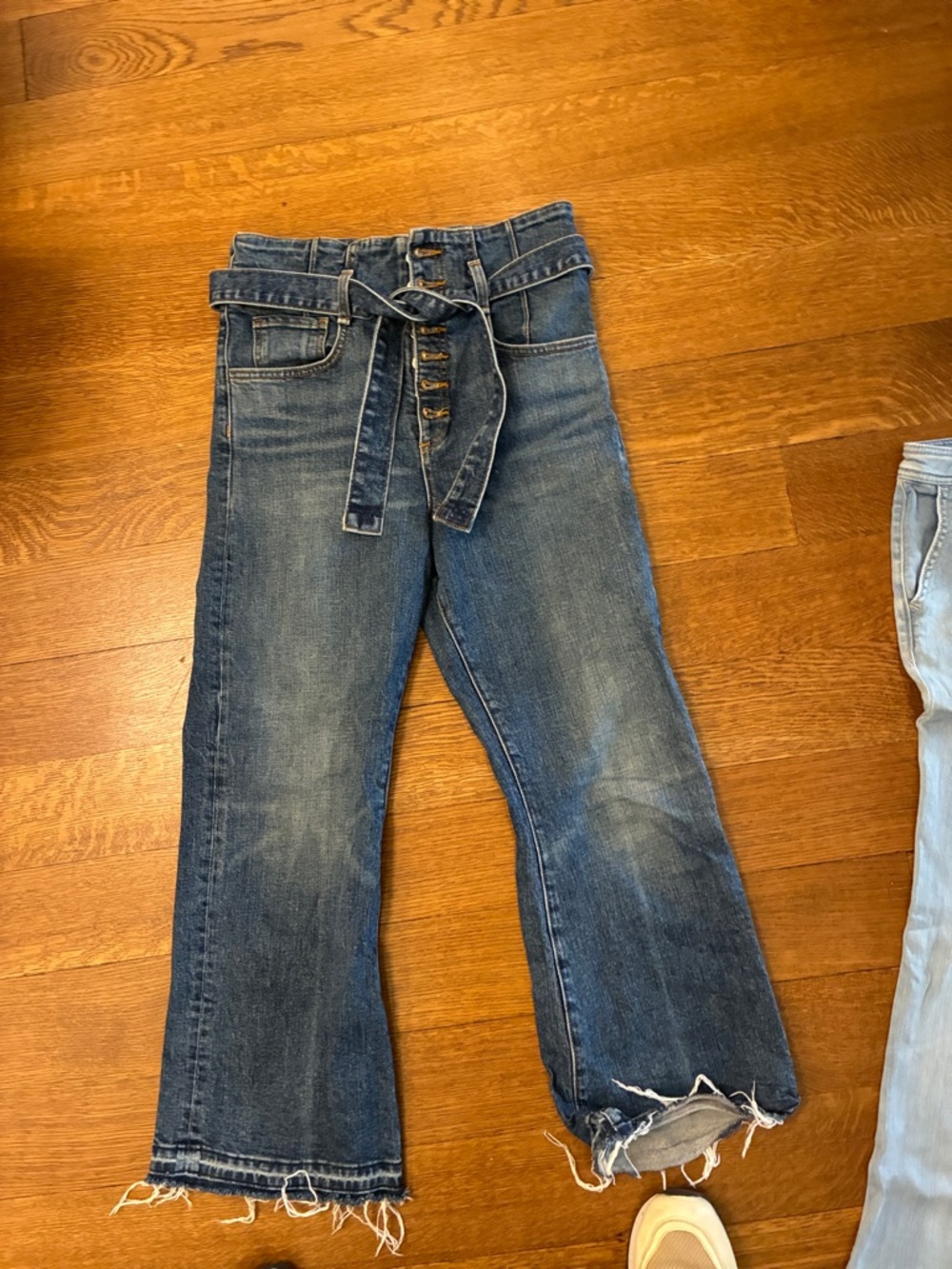 Veronica Beard Dark Blue High-Rise Flare Jeans with Tie Belt